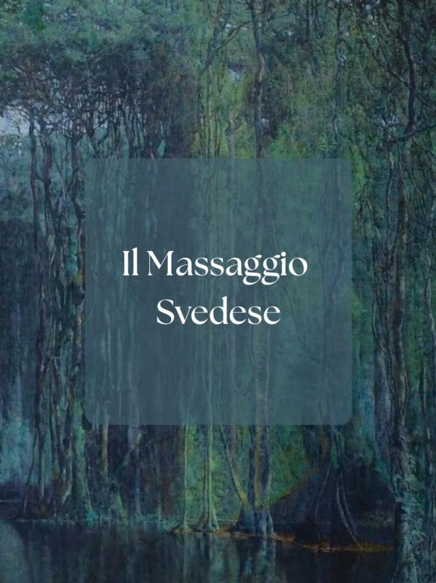 This is an image, a drawing, green and dark green. There are some trees, branches and leaves. You can also see some water, just like a lake. The trees are at the edge of the water.
In the middle there is slightly transparent green square where it's written " Il massaggio svedese"