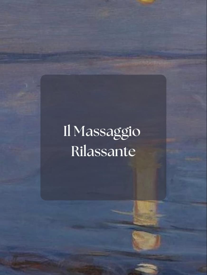 This is an image, a painting, mostly purple, blue and yellow. It is abstract but represent the moon rising on water..
In the middle there is slightly transparent dark grey/purple square where it's written " Il massaggio rilassante"