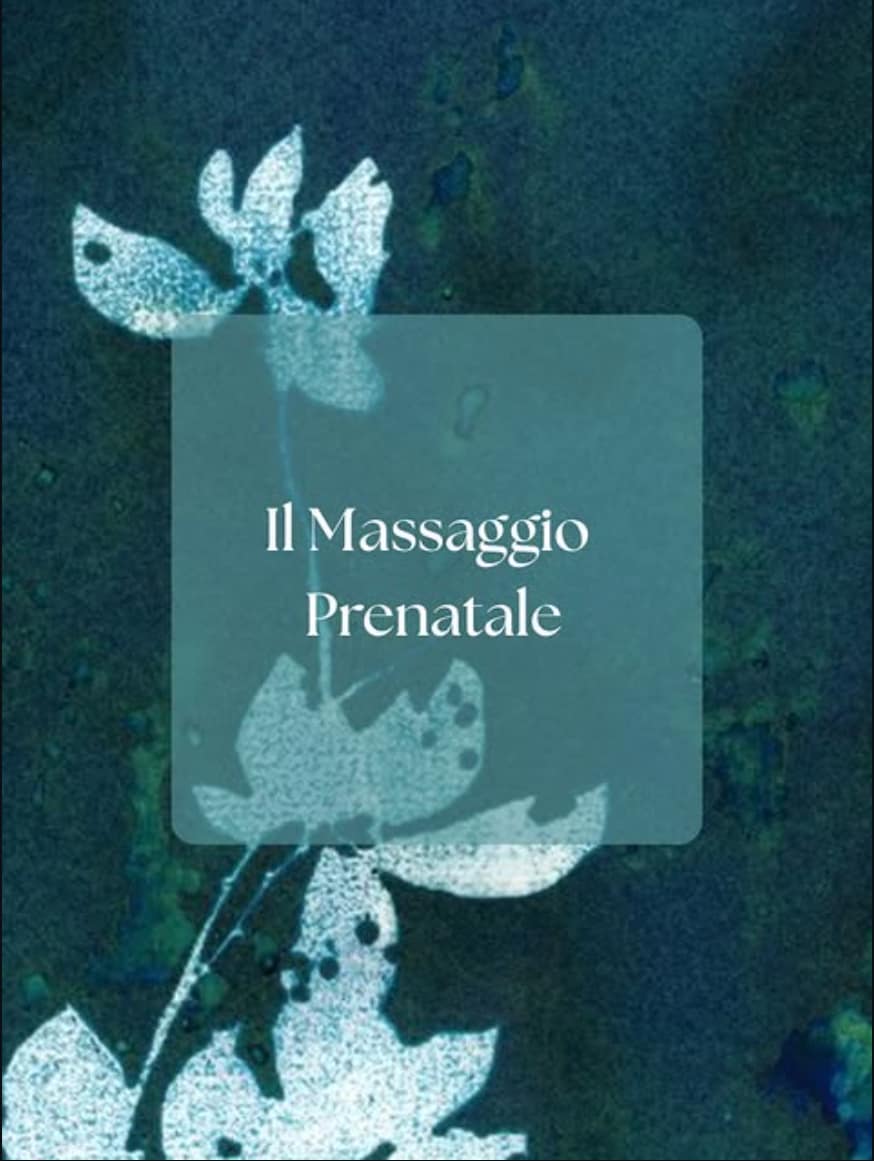 This is an image, a painting, made with watercolour or ink, the colours are white, dark blue and green. There are some branches and leaves.
In the middle there is slightly transparent green square where it's written " Il massaggio prenatale"